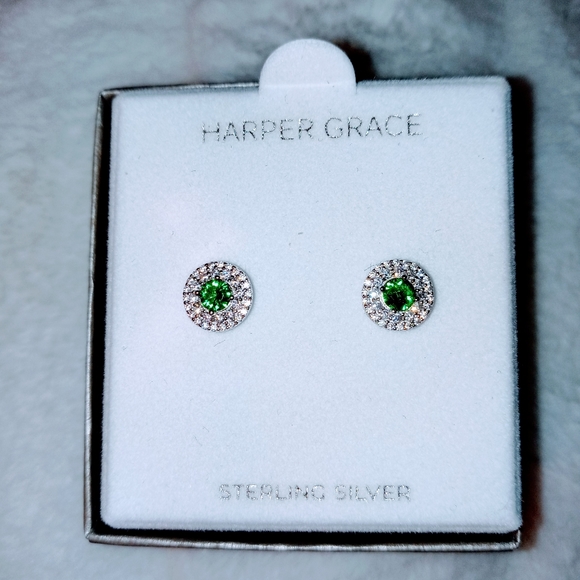 Sterling silver lab created Emerald CZ earrings - Picture 10 of 12